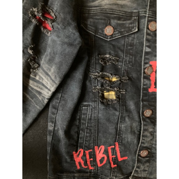 DEMOLITION Men's Distressed Black Denim Jacket Red Graphic Ripped Punk Size M - Picture 5 of 15